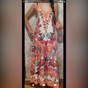 NWT White Floral Print Maxi Dress Made In Italy One Size Adjustable Straps